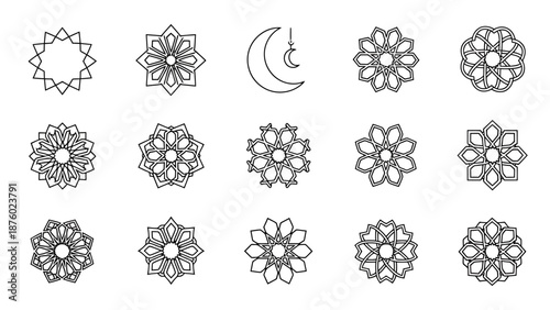 Collection of Islamic Geometric Patterns and Crescent Moon Ornament Digital Art Collection for Decorative Use