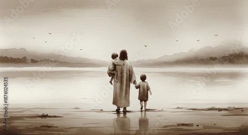 A sepia-toned image shows a figure walking into a body of water holding two children close.