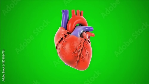 A detailed illustration of a human heart with visible arteries and veins against a bright green background.