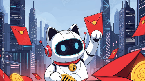Cartoon Robot Cat Celebrating with Cryptocurrency.