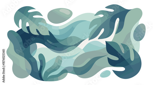 Abstract illustration of blue-green plants in a wavy pattern on a white background from a direct viewpoint