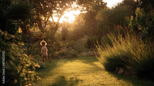 Child walking barefoot through sunlit garden path