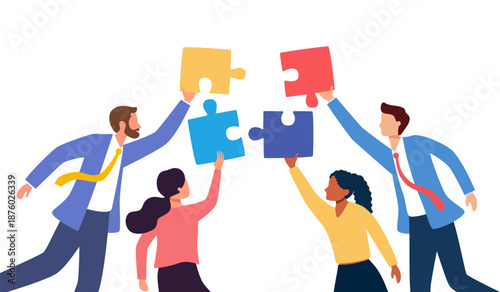 Concept of teamwork and partnership. Group of colleagues is coworking. Employees work together. People connect puzzles, share business ideas vector illustration