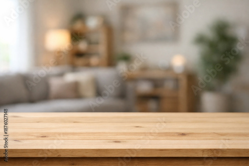 wooden top table with blurry backgorund living room space area interior