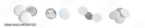 set of blank white 3d rendered circular metal pins and badges, ideal for customization, branding, and promotional design mockups.