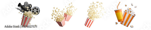collection of 3d rendered popcorn in classic striped buckets and cups, some flying, symbolizing cinema, movies, and entertainment.