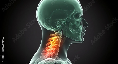 Anatomical rendering of the human head and neck region with a highlighted cervical spine area.