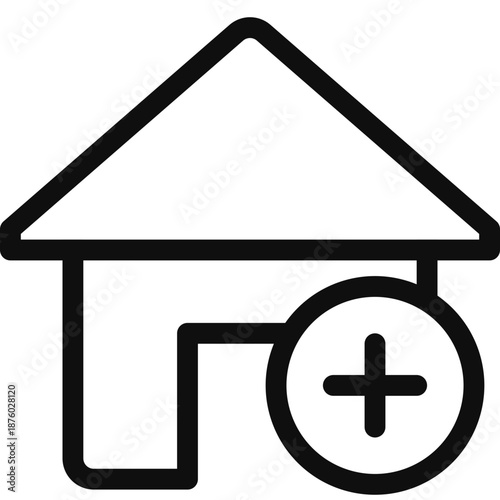 Simple black house icon with addition symbol on a white background