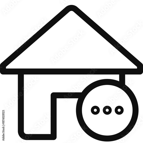 Simple black graphic illustration of a house with a circular object beside it