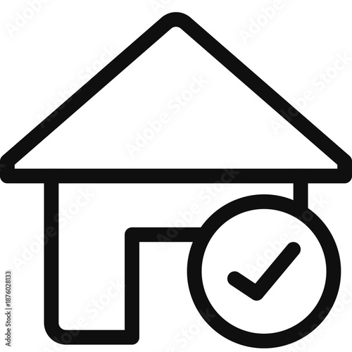 A simple black and white illustration of a house with a checkmark