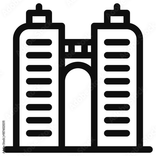 Simplified illustration of a modern architectural structure with symmetrical towers and a central archway