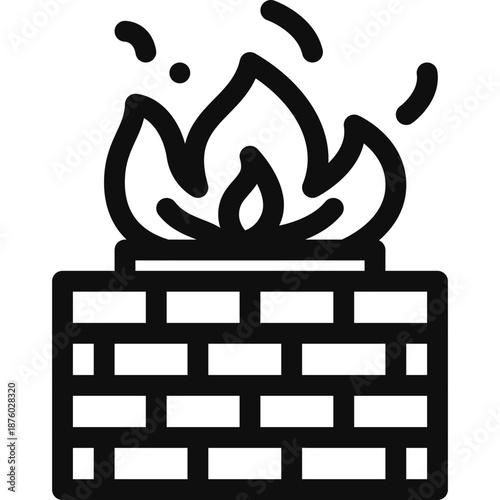 Fire burning intensely on a brick fireplace, viewed from the front, in a warm indoor environment