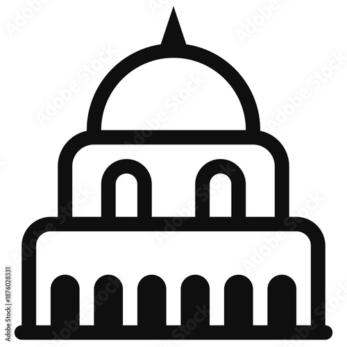 Simple black and white illustration of a historic building with a dome and arches