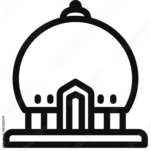 Simple black and white illustration of a building or monument on a stand
