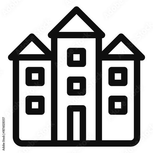 Simplified illustration of a three-part building with central tower and symmetrical wings