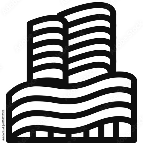 A modern architectural building with wavy lines and layered design elements viewed from the front