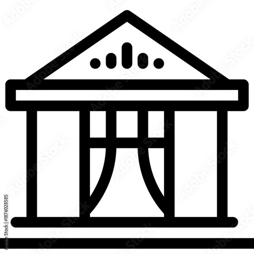 A simple black and white illustration of a building with columns and a triangular roof