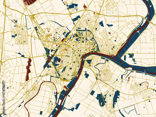 Fotografie Abstract city map of Szeged, Hungary with midnight red and gold palette