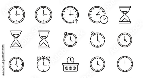 Set of various hand-drawn clock and timer icons representing time and countdown concepts.