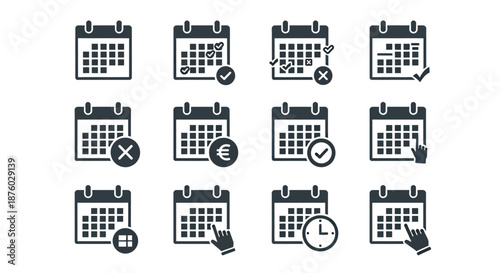 Set of black calendar and schedule icons with various date and time indicators.