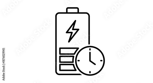 Battery charging status with time indicator icon in black and white.