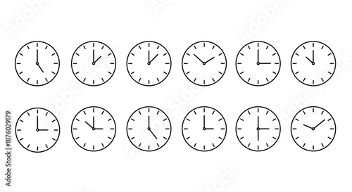 Set of fourteen clock faces showing different times in black and white.