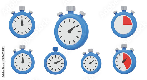 Set of blue stopwatches showing different times and intervals.