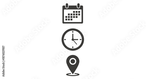 Simple black icons representing calendar, clock, and location pin symbols.
