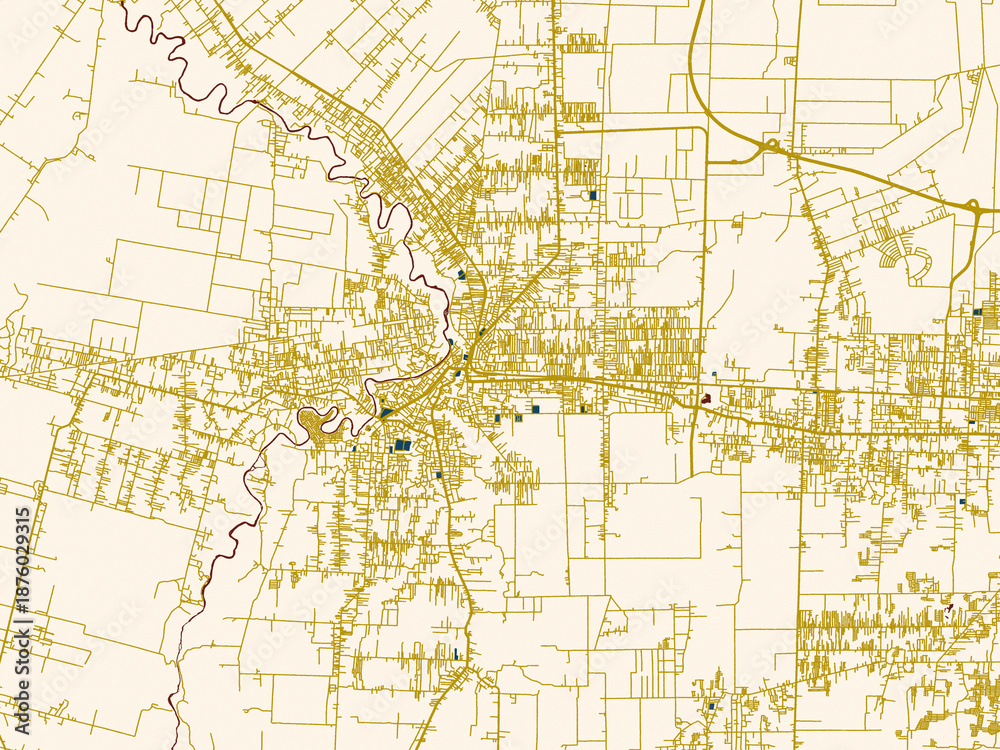 Fototapeta premium Urban map of Binjai, Indonesia in a flat palette: minimal ivory map base with golden roads and dark red water bodies in a modern flat style