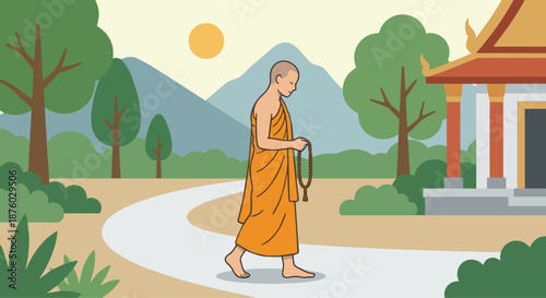 Monk Walking Mindfully
A flat vector illustration of a monk walking slowly with mindful steps, holding prayer beads. Minimal background with trees or temple path. 