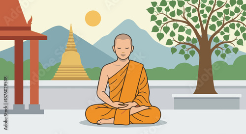 Monk Meditating
A flat vector illustration of a monk sitting cross-legged in meditation. Calm posture, eyes closed. Simple temple or nature background. 