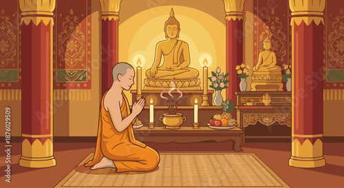 Monk Praying at Temple
A flat vector illustration of a monk praying inside a temple. Incense, candles, and altar visible. Flat vector design, respectful and spiritual atmosphere.
