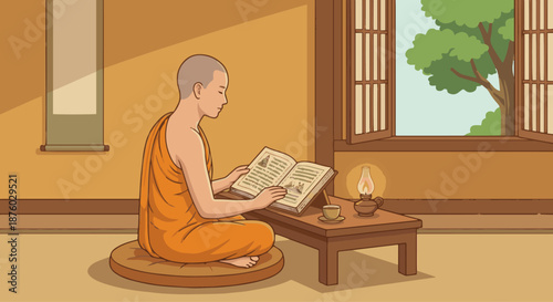 Monk Reading Sacred Text
A flat vector illustration of a monk reading a sacred text or scripture. Sitting at a low table or cushion. Flat vector style, calm and contemplative scene.