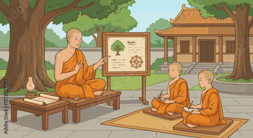  Monk Teaching Students
A flat vector illustration of a monk teaching students or novices. Simple gestures and attentive listeners. Flat vector style, educational and compassionate tone.