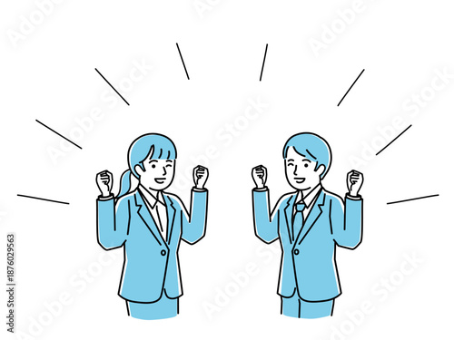ガッツポーズをして向かい合い喜ぶスーツの男女ペア、ビジネスの成功やチームワークのベクターイラスト