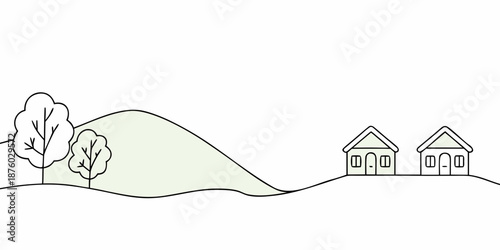 Simple landscape illustration featuring rolling hills trees and two houses
