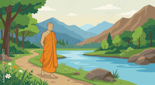  Monk in Nature
A flat vector illustration of a monk meditating or walking in nature, surrounded by mountains, trees, or river. Flat vector style, harmony with nature theme.