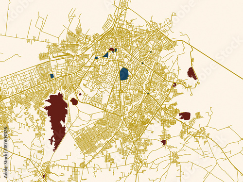 Photography City map of Bhavnagar, India – gold street network with deep red water