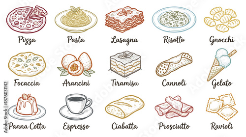 Assorted Italian Cuisine Illustrations Featuring Pasta, Pizza, and Desserts