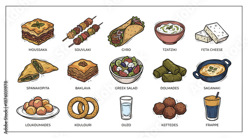A digital illustration showcasing various traditional food items, including desserts and savory dishes, displayed on a clean white background from a direct viewpoint.