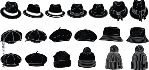 Black silhouette hats collection set featuring fedora, cap, beret, beanie and bucket styles, fashion accessories icon pack, minimal clothing illustration vector design