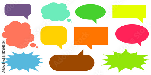 A simple design set of colorful message comment chat boxes. A collection of comic and social media speech bubbles, text boxes, and chat boxes. A vector set of comic and social media speech bubbles.
