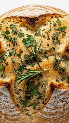 Artisan Sourdough Bread with Herbs Close Up Golden Crust Background White Footage