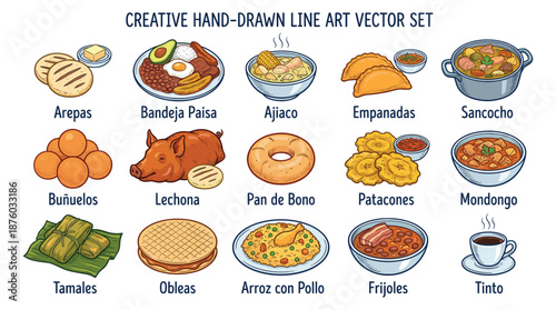 Assorted Latin American dishes and beverages illustrated in creative hand-drawn line art vector style