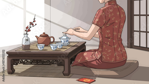 Woman in Traditional Dress Pouring Tea.