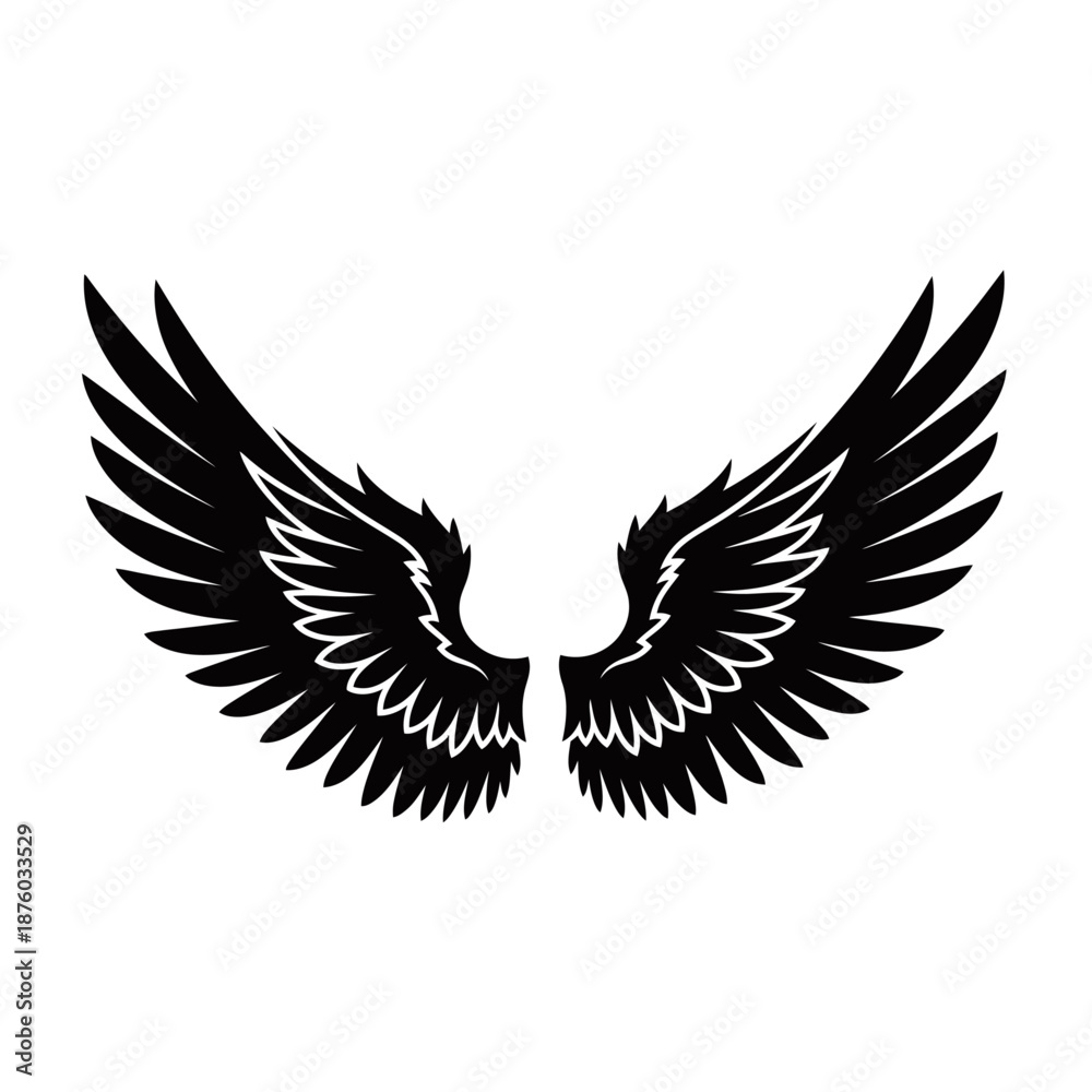 Obraz premium A striking black and white illustration of a pair of feathered wings spread wide.