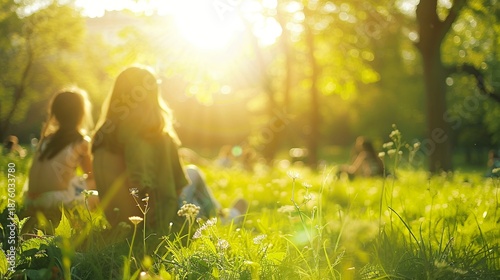 People enjoying golden hour in a sunlit park, relaxing on green grass with warm light and bokeh