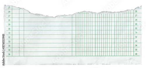 Foto Torn Vintage Ledger Paper With Green Grid and Numbered Columns