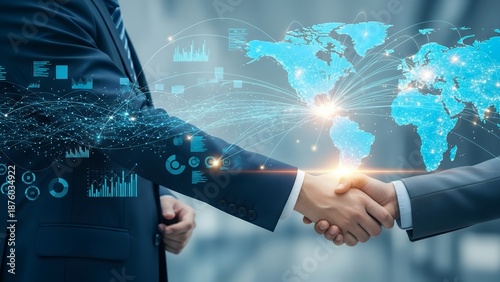Global business cooperation, businessmen handshake with world map and data lines, wide panoramic banner