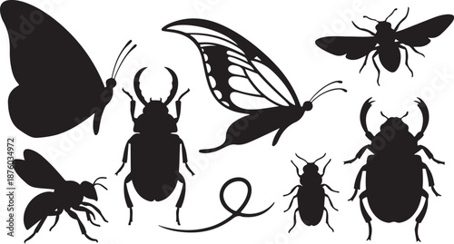 Collection of insect silhouettes on white background illustration set